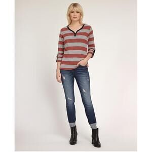 Liz Claiborne Womens XL Dotted Stripe Roll Tab Long Sleeve Tee Red Brown